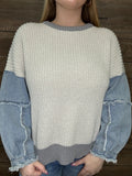 Frayed Denim Sleeve Sweater