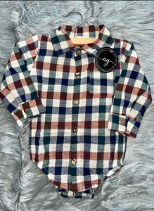 Navy Vintage Plaid Button Down Boy Romper