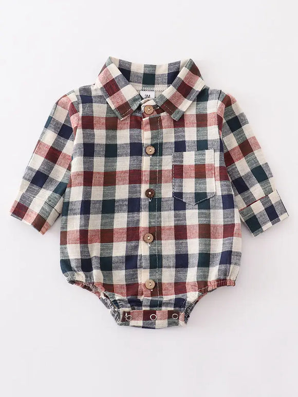 Navy Vintage Plaid Button Down Boy Romper