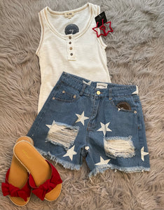 Distressed Star Print Jean Shorts